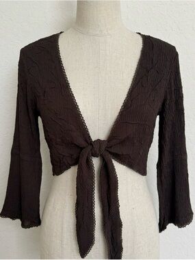 Alberto Makali Brown Tie Front Crop Top Sz L Bell Sleeve Festival Y2K Goblin